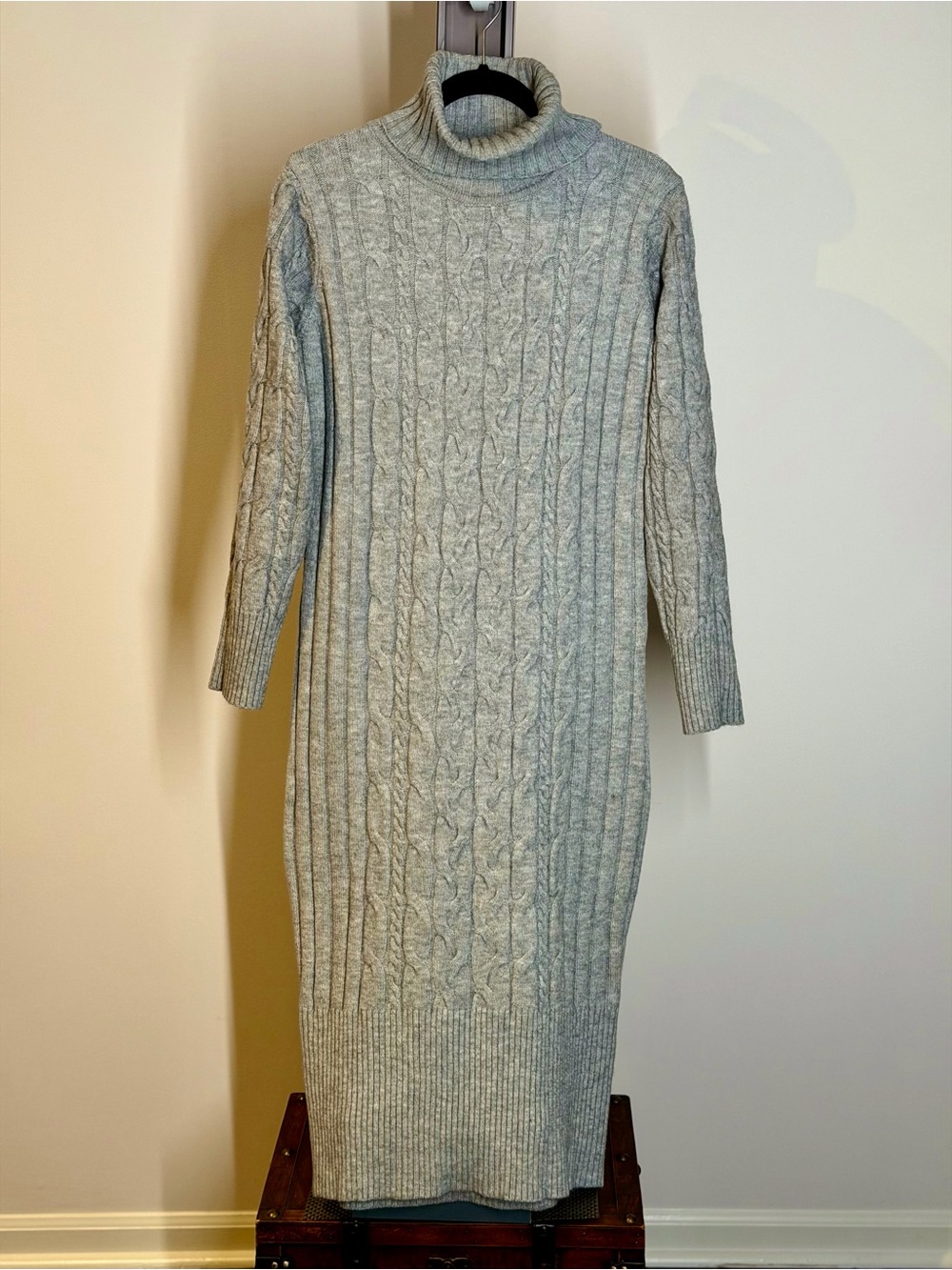 Cozy Grey Cable-Knit Turtleneck Sweater Dress